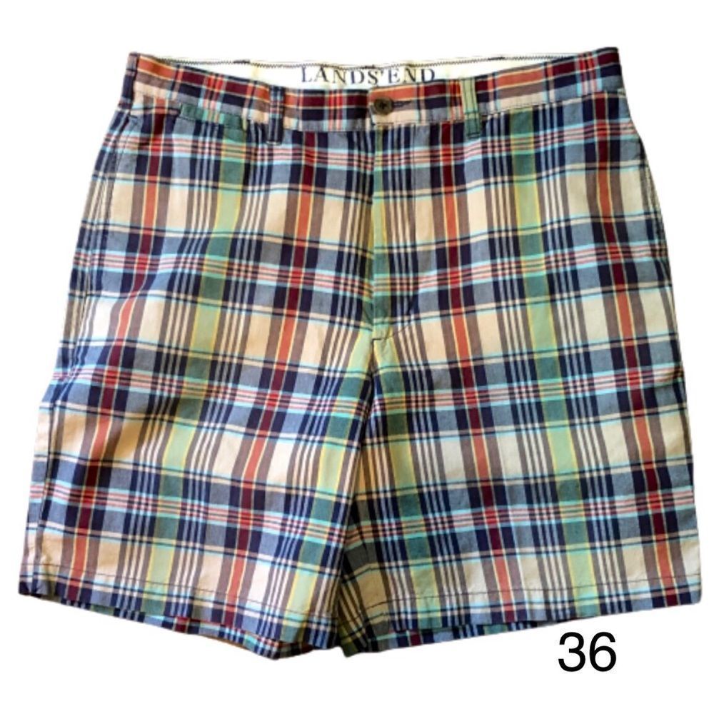 LANDS END Mens Plaid Flat Front Shorts Sz 36